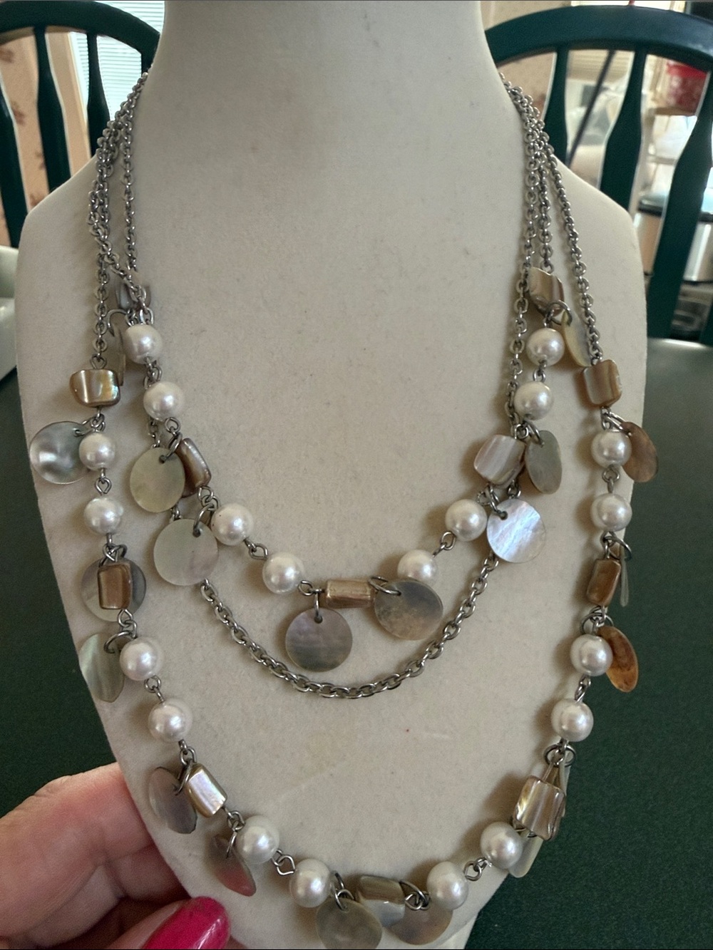 Layered Pearl and Shell Disc Necklace - Brown/White